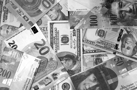 Abstract dollar euro swiss franc background black and white