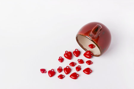 Valentines day background red cup hearts isolated on white