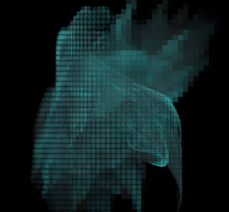 Blue pixel grid fractal on a black background