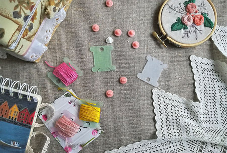 Handmade, needlework and embroidery. Buttons and threads as background. Top view