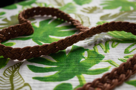 Woven brown belt as a heart on fabric painted with leaves. Closeup. Front view.
