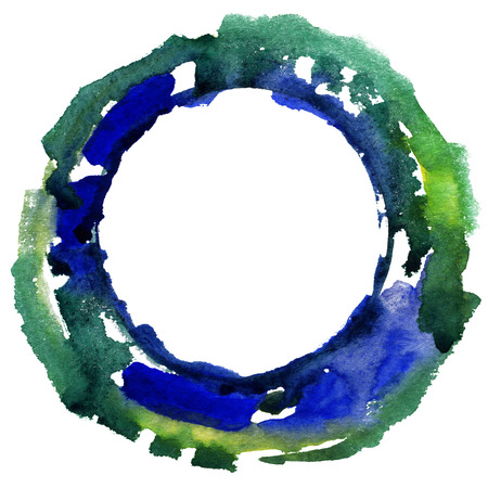 Round watercolor frame, circle shape form isolated on white background. Handmade technique.の写真素材