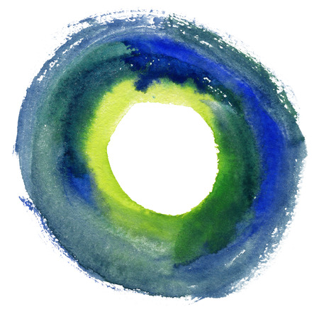 Round watercolor frame, circle shape form isolated on white background. Handmade technique.の写真素材