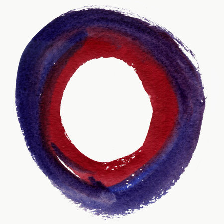 Round watercolor frame, circle shape form isolated on white background. Handmade technique.の写真素材