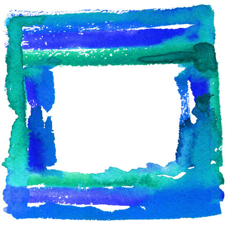 Square watercolor frame, circle shape isolated on white background. Handmade technique.の写真素材