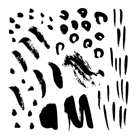 Vector collection of hand-drawn elements: drops, lines, splashes, points, brush strokes. Isolated on white background. Black and whiteのイラスト素材