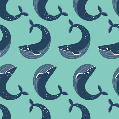 Vector seamless pattern with whales. Repeated texture with marine mammals. Sea background with animals.のイラスト素材