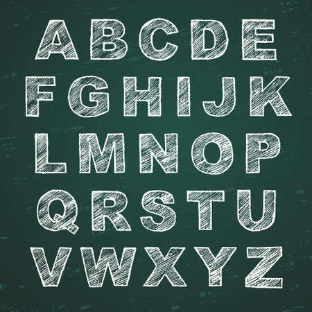 Hand-drawn alphabet. Calligraphy font. Modern chalk lettering. Letters on the green boardのイラスト素材