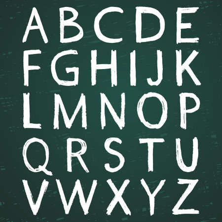 Hand-drawn alphabet. Calligraphy font. Modern chalk lettering. Letters on the green boardのイラスト素材
