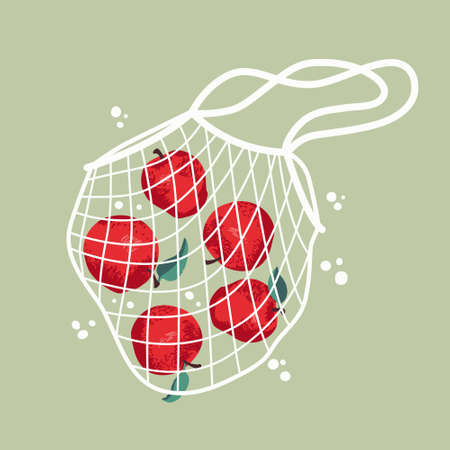 Vector illustration of bright apples in reusable grocery shopping bagのイラスト素材