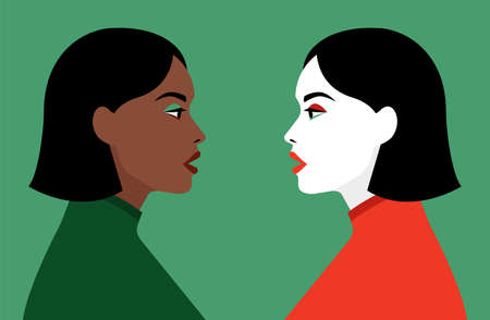 Two women stand in profile. Sisterhood. Community of girls of different nations. Vector flat illustrationのイラスト素材