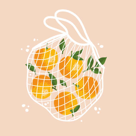 Vector illustration of bright oranges in reusable grocery shopping bagのイラスト素材