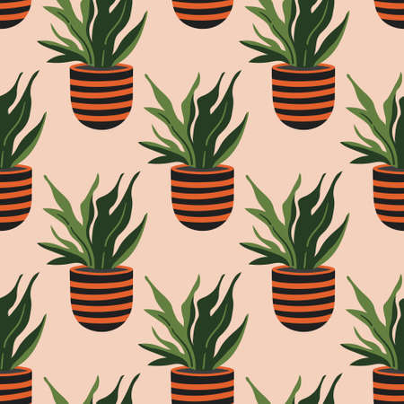 Vector seamless pattern with colorful hand-drawn flower pots. Sketch style, doodle plants. Botanic illustration.のイラスト素材