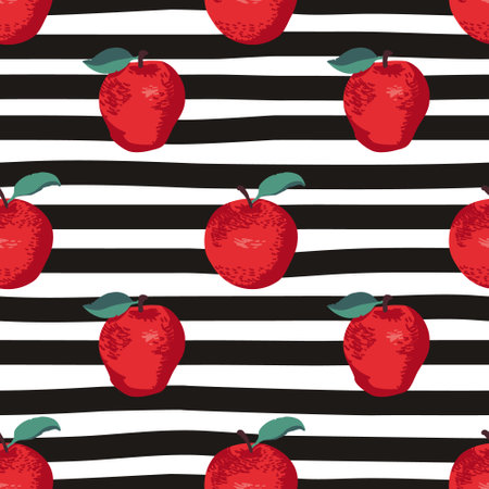 Vector seamless summer pattern with apples on black and white striped background.のイラスト素材