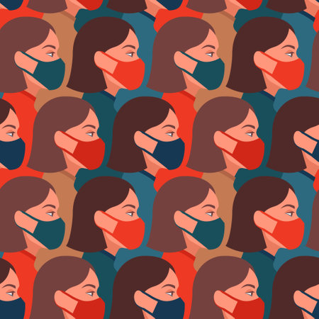 Vector seamless pattern with girls wearing face medical masks, respirators. Coronavirus COVID-2019 concept.のイラスト素材
