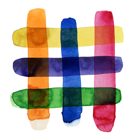 Bright painted rainbow watercolor grid from strips. Hand drawn red, orange, yellow, green, blue, violet elements.の写真素材