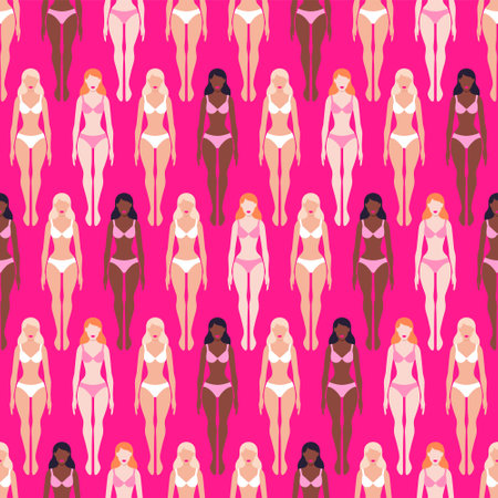 Vector seamless pattern with dolls in bright pink bikiniのイラスト素材
