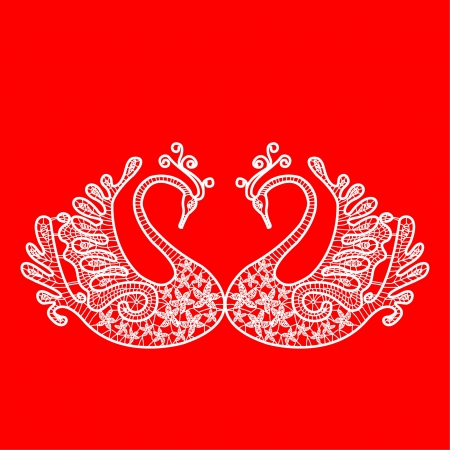 Two white lace swan on red backgroundのイラスト素材