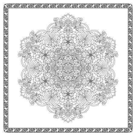 Coloring book page for adults with color sample. Mandala with vintage flowers pattern. Zendala.のイラスト素材