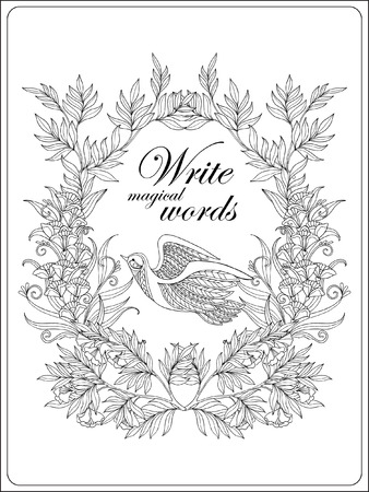 Decorative flowers and bird. Coloring book for adult and older children. Coloring page with space for text. Outline drawing. Vector illustration.のイラスト素材