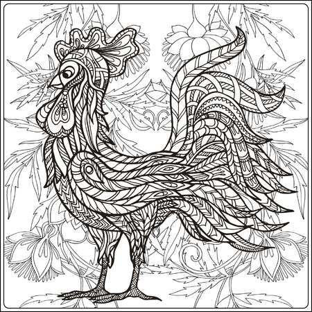 Rooster on floral background. Coloring book for adult and older children. Coloring page. Outline drawing. Vector illustration.のイラスト素材