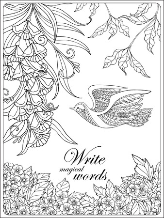 Decorative flowers and bird. Coloring book for adult and older children. Coloring page with space for text. Outline drawing. Vector illustration.のイラスト素材