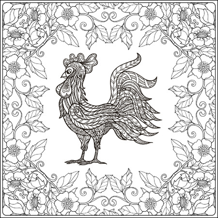 Rooster in floral frame. Coloring book for adult and older children. Coloring page. Outline drawing. Vector illustration.のイラスト素材