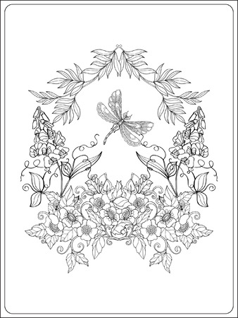 Decorative flowers, birds and butterflies. Coloring book for adult and older children. Coloring page. Outline drawing. Vector illustration.のイラスト素材