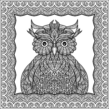 Coloring book for adult and older children. Coloring page with cute owl and floral frame. Outline drawing in zentangle styleのイラスト素材