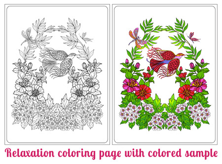 Decorative flowers and bird. Coloring book for adult and older children. Coloring page with colored sample. Outline drawing. Vector illustration.のイラスト素材