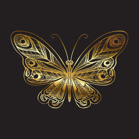Decorative gold butterfly on black background. Vector illustration.のイラスト素材