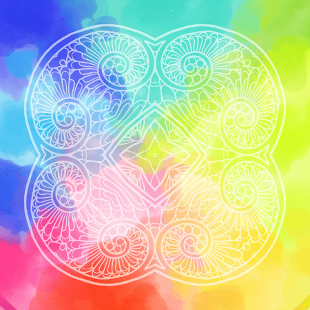 Mandala over colorful watercolor. Beautiful vintage round pattern. Hand drawn abstract background. Decorative isolated. Invitation, t-shirt print, wedding card. Tattoo element.のイラスト素材