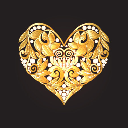 Gold Love Heart on black background. Vector illustration. In art deco style, art nouveau style.のイラスト素材