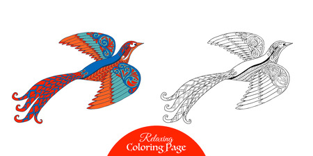 Decorative bird. Coloring book for adult and older children. Coloring page with colored sample. Outline drawing. Vector illustration.のイラスト素材