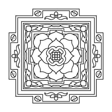 Tibet ethnic mandalas and elements. Outline drawing. Vector illustration. Coloring book for adult and older children. Coloring page.のイラスト素材