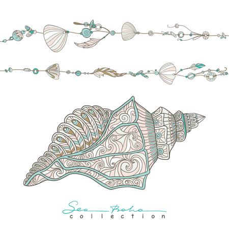 Sea boho collection. Cards in boho style. Sea shells on rope and sea shell. Vector illustration.のイラスト素材