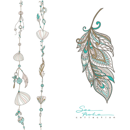 Sea boho collection. Cards in boho style. Sea shells on rope and sea shell. Vector illustration.のイラスト素材