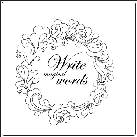 Coloring book for adult and older children. Coloring page with decorative floral frame  and space for text. Outline hand drawn. Vector illustration.のイラスト素材