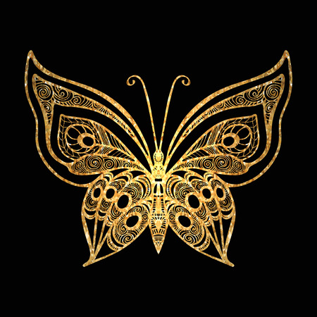 Decorative gold butterfly on black background. Vector illustration.のイラスト素材