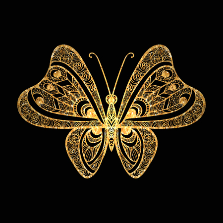 Decorative gold butterfly on black background. Vector illustration.のイラスト素材