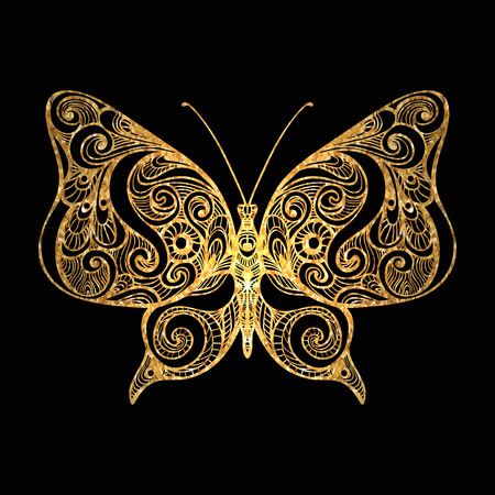 Decorative gold butterfly on black background. Vector illustration.のイラスト素材