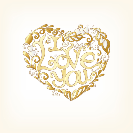 Gold Love Heart on whita background. Vector illustration. In art deco style, art nouveau style.のイラスト素材