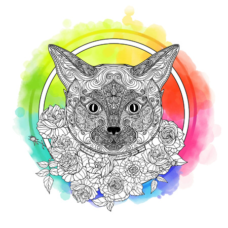 Siam cat. Decorative cat head with roses collar on watercolor rainbow background. Vector illustration in zentangle style, in zendoodle style. This illustration can be used as a greeting card or as a print on T-shirts and bags.のイラスト素材