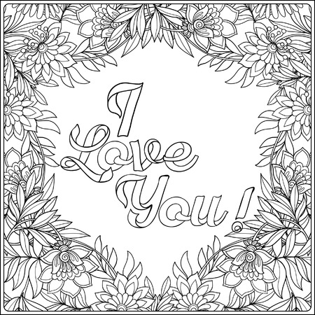 Coloring page with message in vintage floral decorative frame.  Adult coloring book. Outline drawing. Vector illustration.のイラスト素材