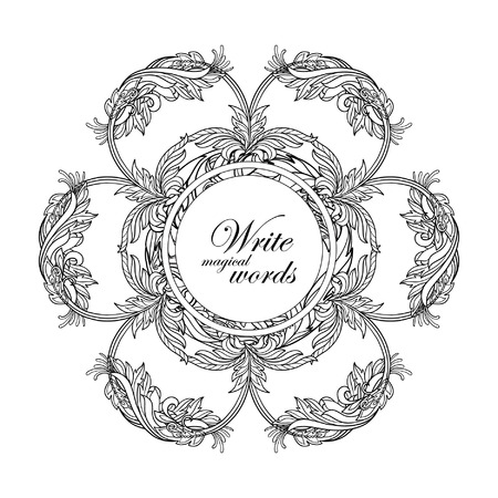 Beautiful Deco Vintage flowers Mandala with space for text. Patterned Design Element, Ethnic Amulet Adult coloring book. Outline hand drawing. Vector illustration.のイラスト素材