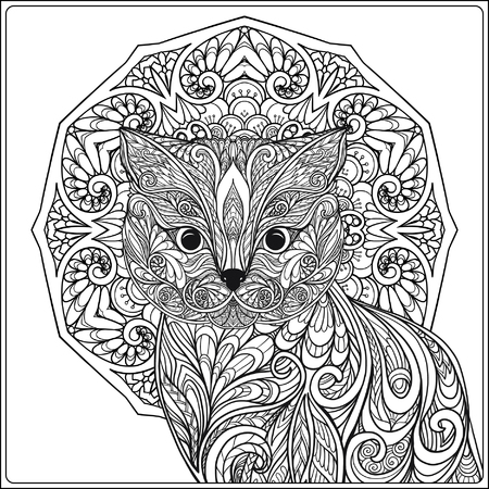 Decorative Cat with mandala. Vector illustration.  Adult Coloring book. Coloring page. Vector illustration.のイラスト素材