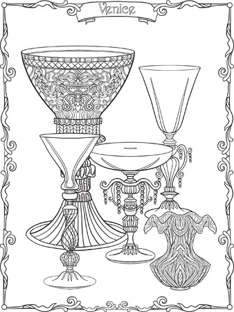 Venetian glasses and vase.  Outline hand draw.  Coloring book for adult and older children. Coloring page. Vector illustration.のイラスト素材