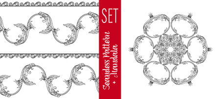Set  with vintage floral pattern and Beautiful Deco Mandala.  Outline hand draw. Vector illustration.のイラスト素材
