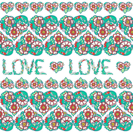 Seamless pattern with love hearts, flowers and word 'Love" in decorative doodle styleのイラスト素材