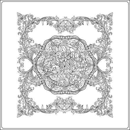 Medieval floral royal pattern. Decorative symmetry arabesque. Coloring book for adult and older children. Outline drawing coloring page. Vector illustration.のイラスト素材